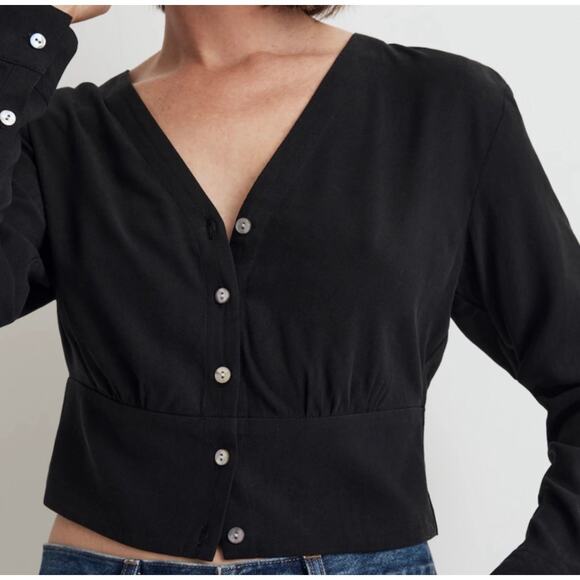 Madewell Black Lusterweave V-Neck Button Front Shirt NWT Size XXS - Picture 3 of 8